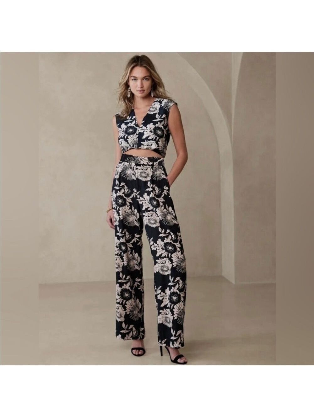 Banana Republic DRAPEY WIDE-LEG PANT AND TOP SET Floral Eclipse Coal Sz XL-16P